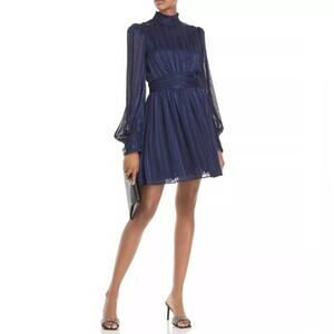 NWT AQUA Mock Neck Semi Sheer Navy Blue Mini Dress Medium Elegant Retro Whimsy